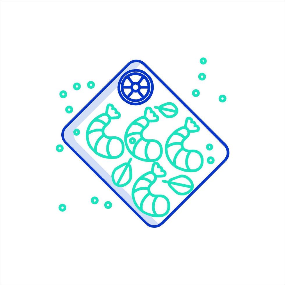 A blue and green line drawing of shrimp vector