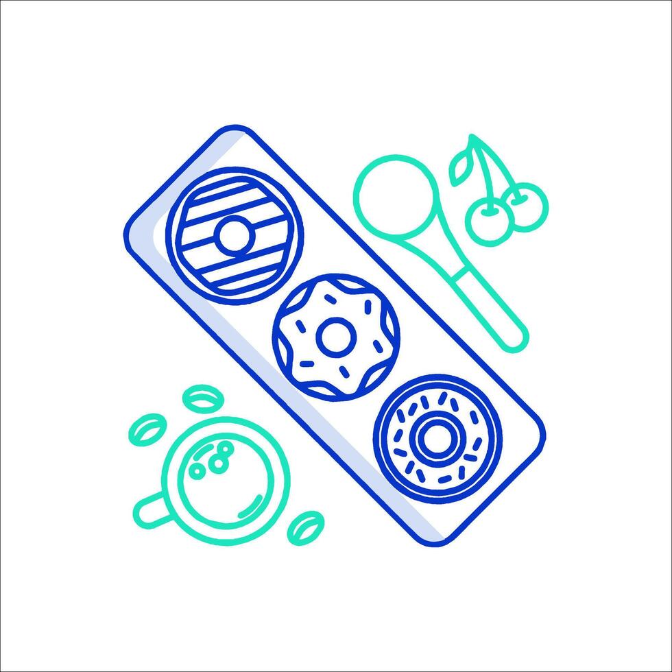 A donut and coffee are shown in a tray vector