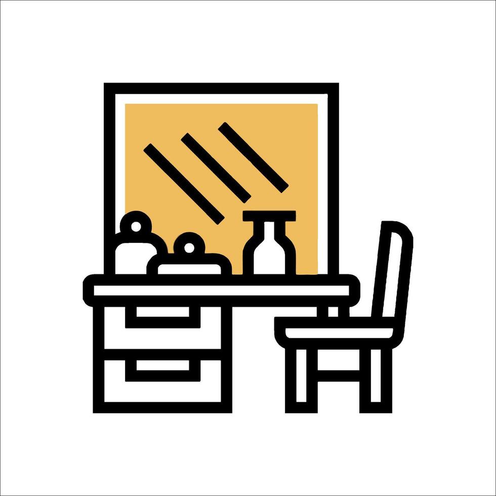 A desk and chair with a mirror in the background vector
