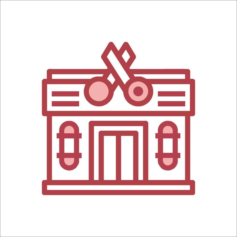 A red and white line icon of a building with scissors vector