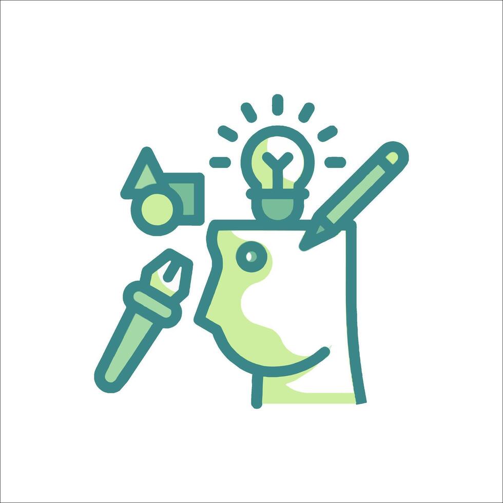 A green and white icon of a person with a light bulb in their head vector