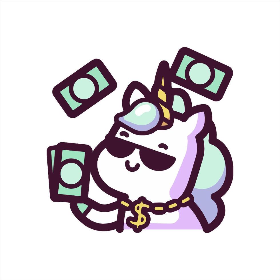 A cartoon unicorn holding money and wearing sunglasses vector