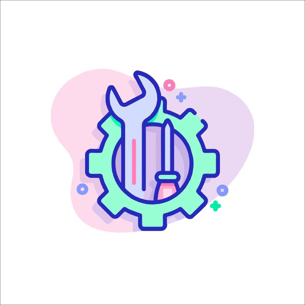 A wrench and gearwheel icon with a circle around it vector