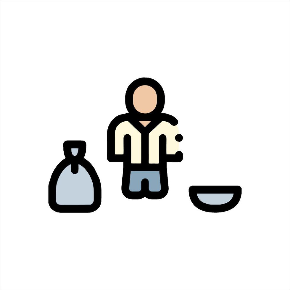 A man is standing next to a bag and a bowl vector