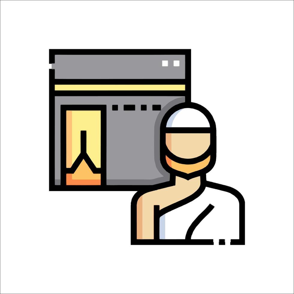 A man in a white robe is standing in front of a computer vector