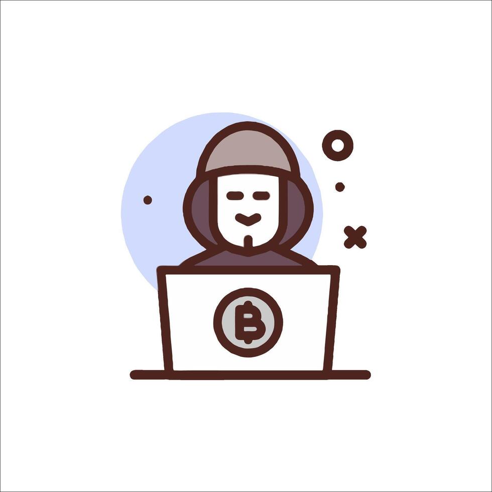 A man in a hoodie is sitting at a computer with a bitcoin symbol vector