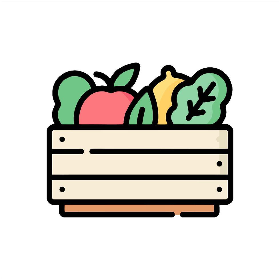 Fruit and vegetables in a wooden box icon vector