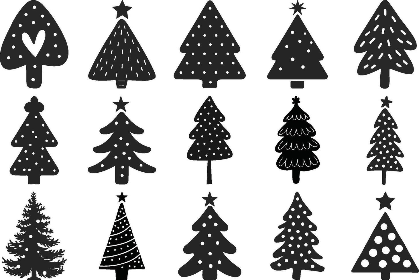 Silhouette Christmas Collection Of Decorated Trees. Merry Christmas. Print On Custom T-shirts, Bags, Stationery, Poster And Stickers. vector