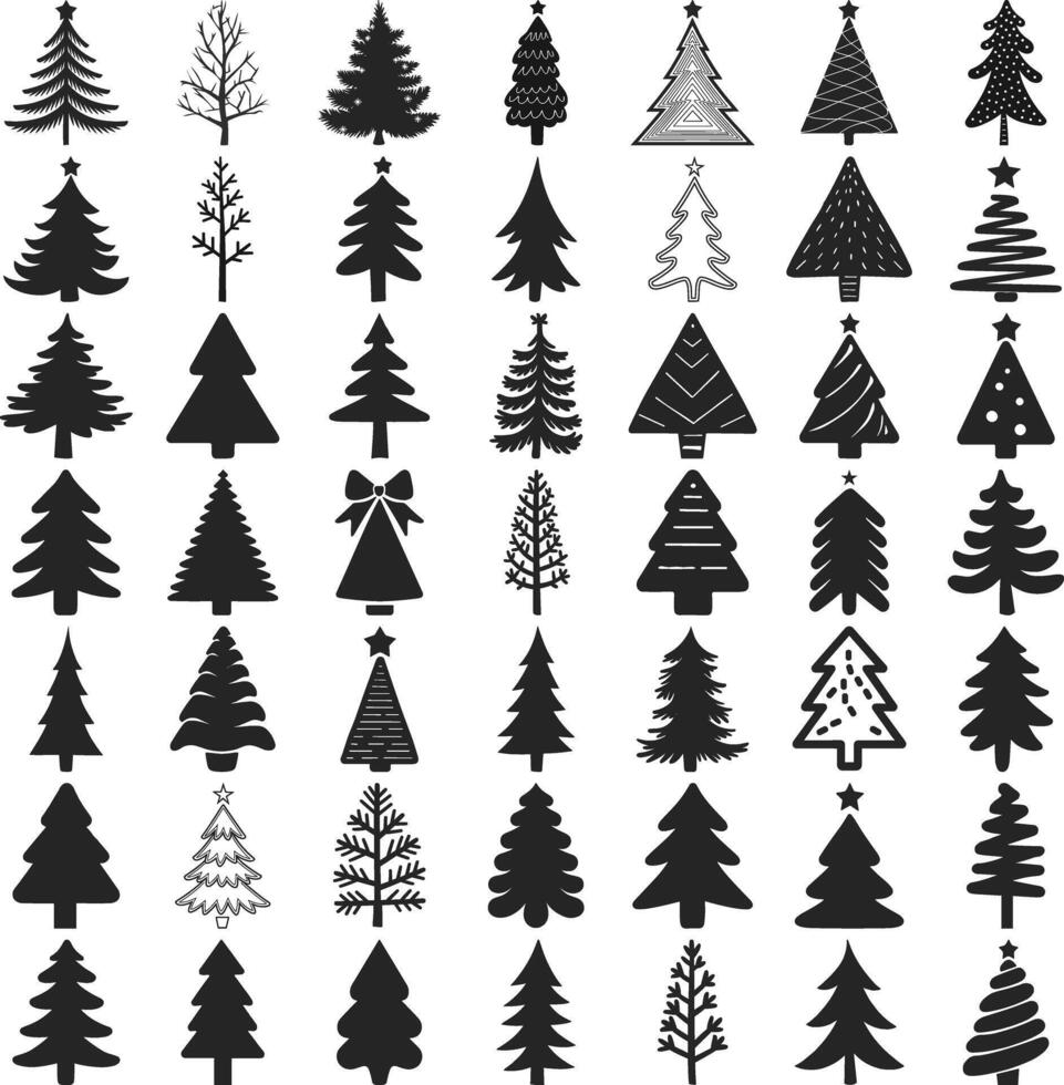Silhouette Christmas Decorated Trees Bundle. Happy Merry Christmas. Print On Custom T-shirts, Bags, Stationery, Poster And Stickers. vector