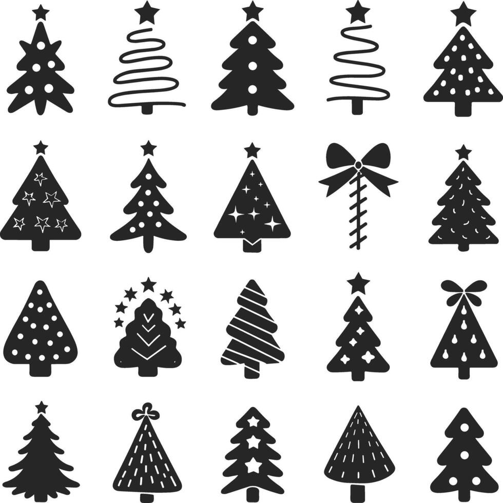 Silhouette Tree Set Of Christmas. Merry Christmas And Happy New Year. Print On Custom T-shirts, Bags, Stationery, Poster And Stickers. vector