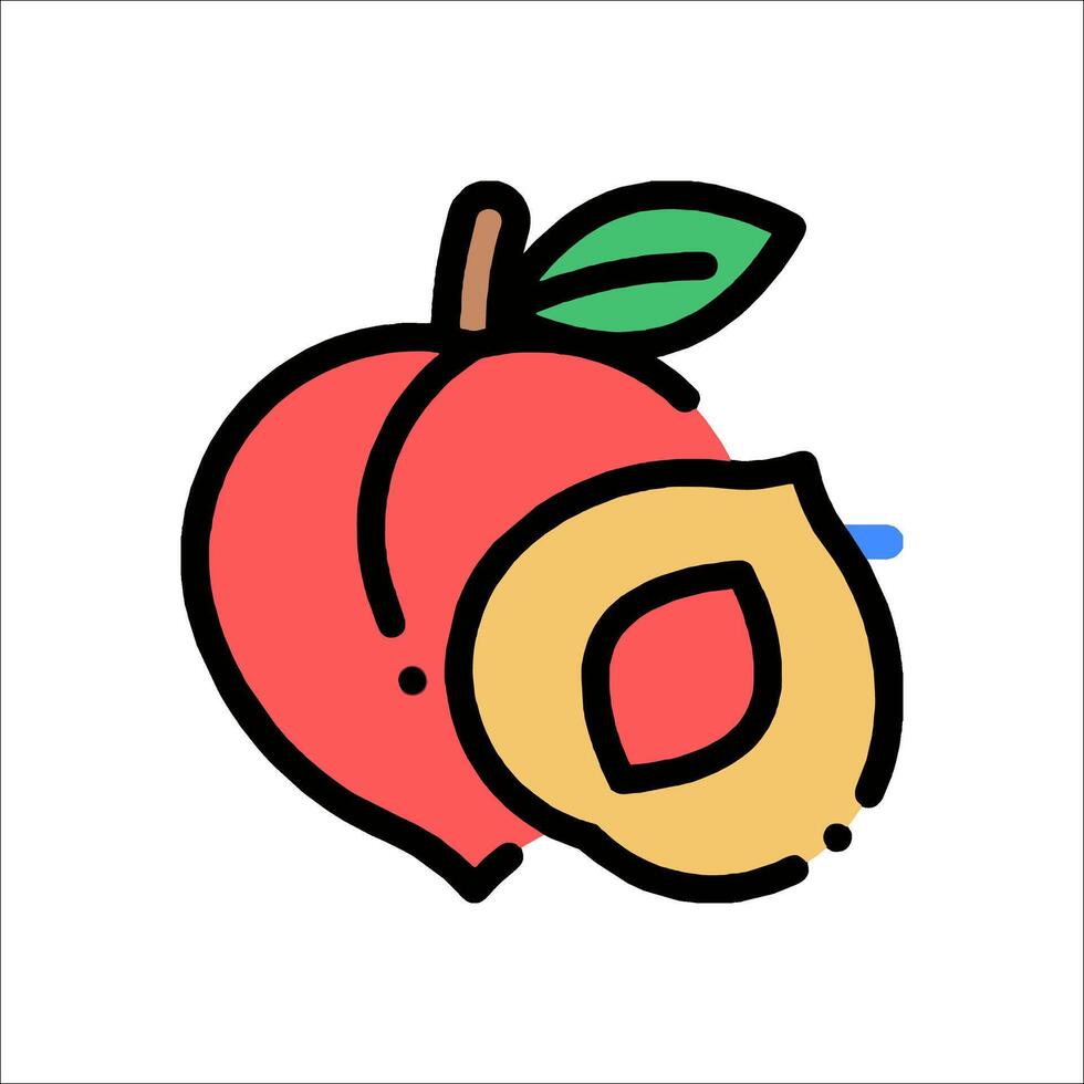 A peach and a slice of fruit are shown in a line vector