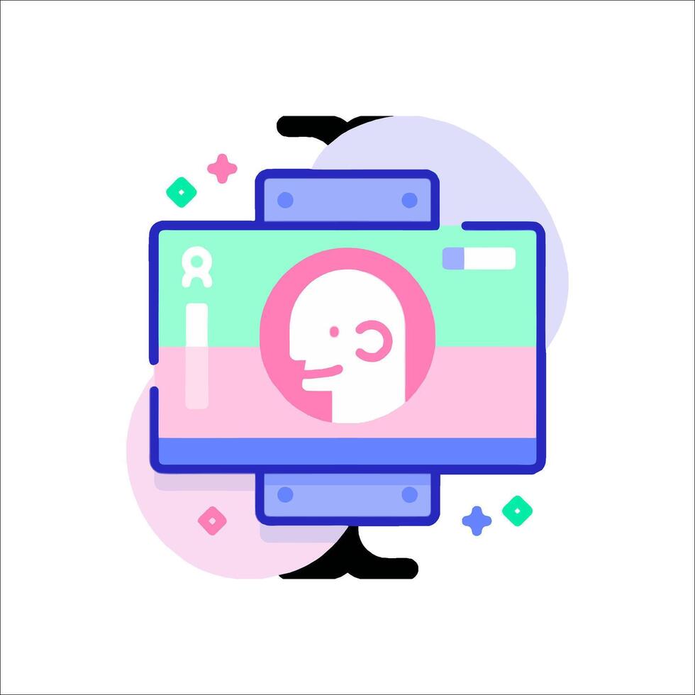 A person is looking at a computer screen with a person's face on it vector