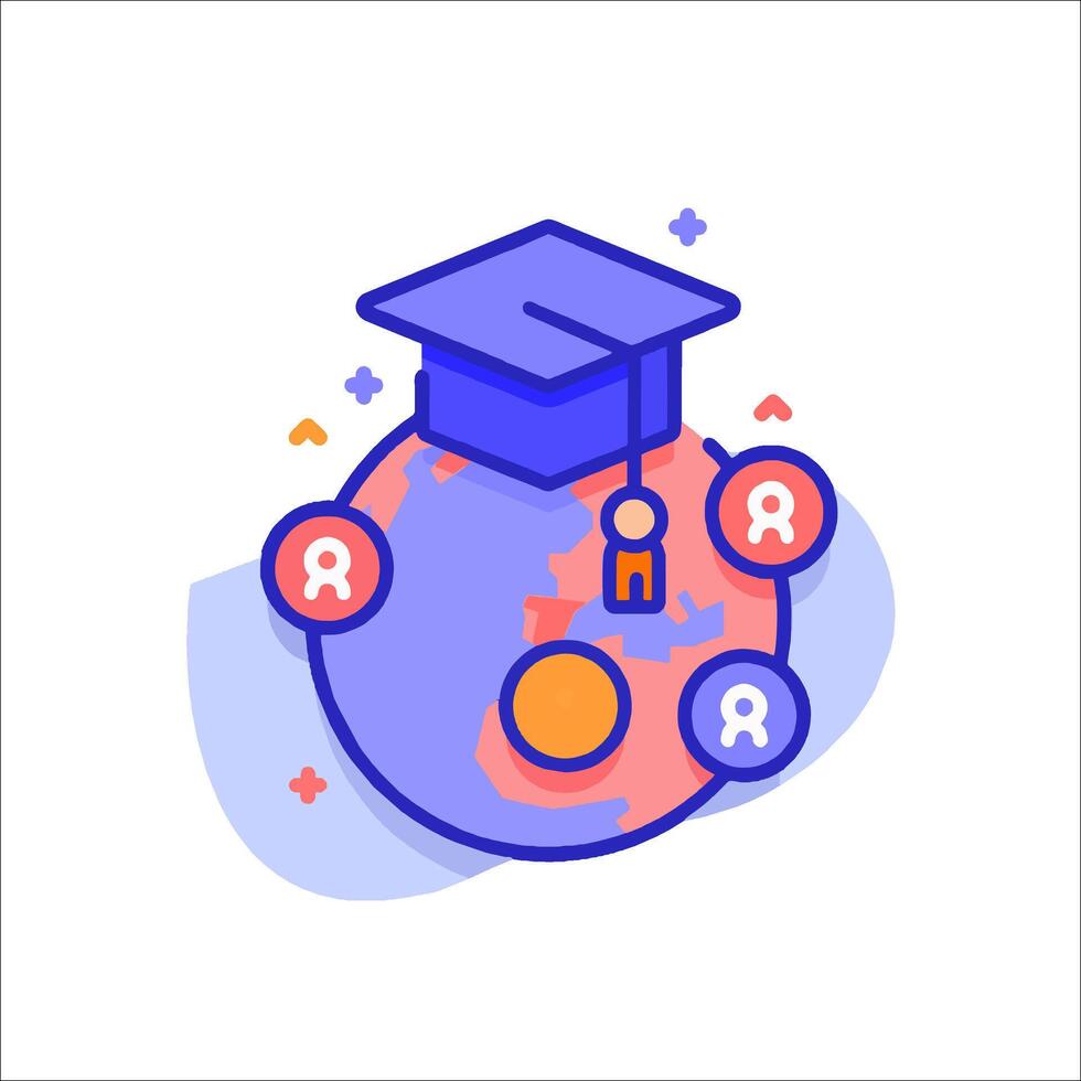 An illustration of a graduation cap on top of a globe vector