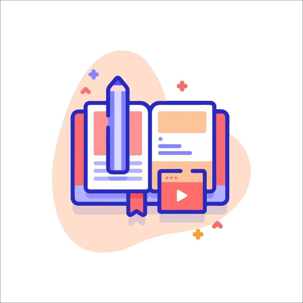 An open book with a pencil and a vector