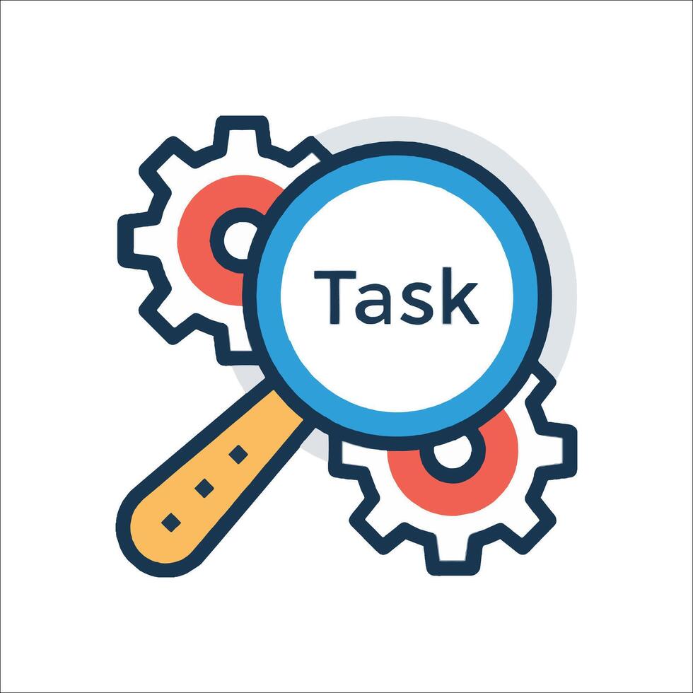 Task icon with magnifying glass and gears vector