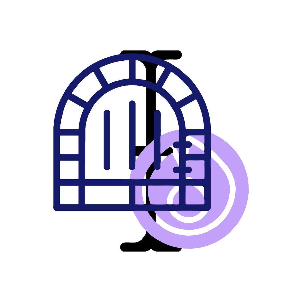 A purple and blue icon of a door with a window vector