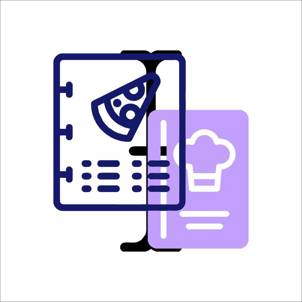 A pizza slice is on top of a notebook vector