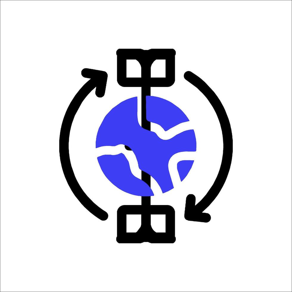 A blue and black logo with a globe and arrow vector