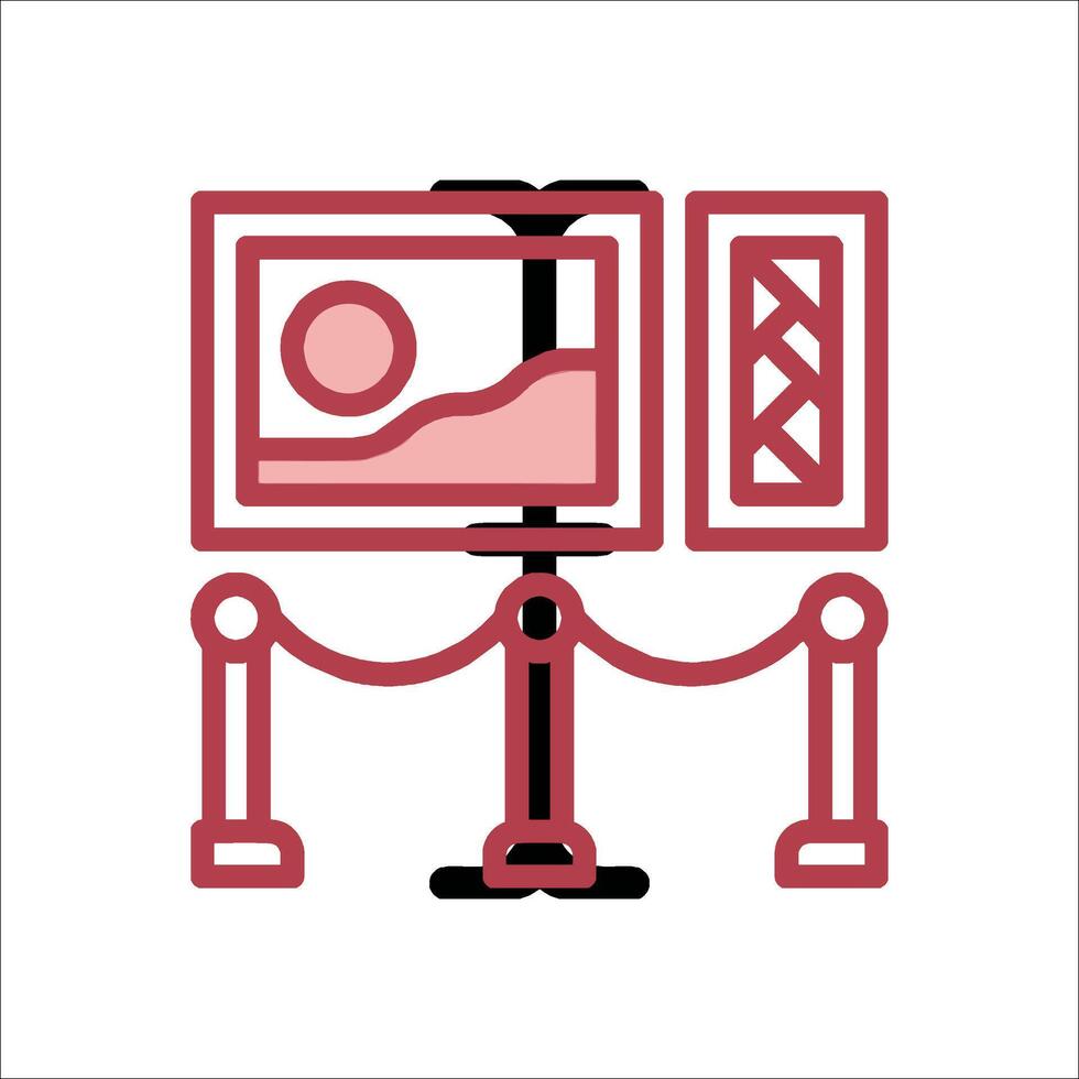 A red and white icon of a camera and tripod vector