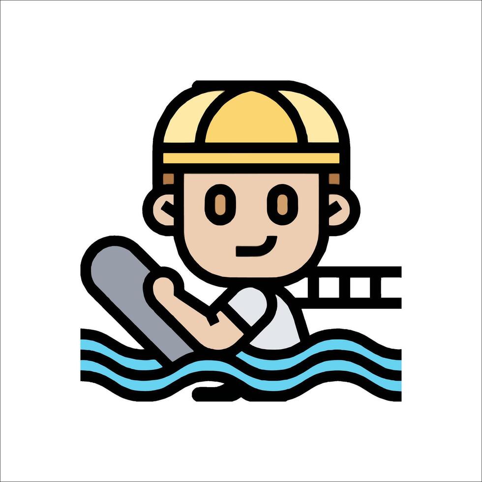 A cartoon man in a hard hat and hat is holding a surfboard vector