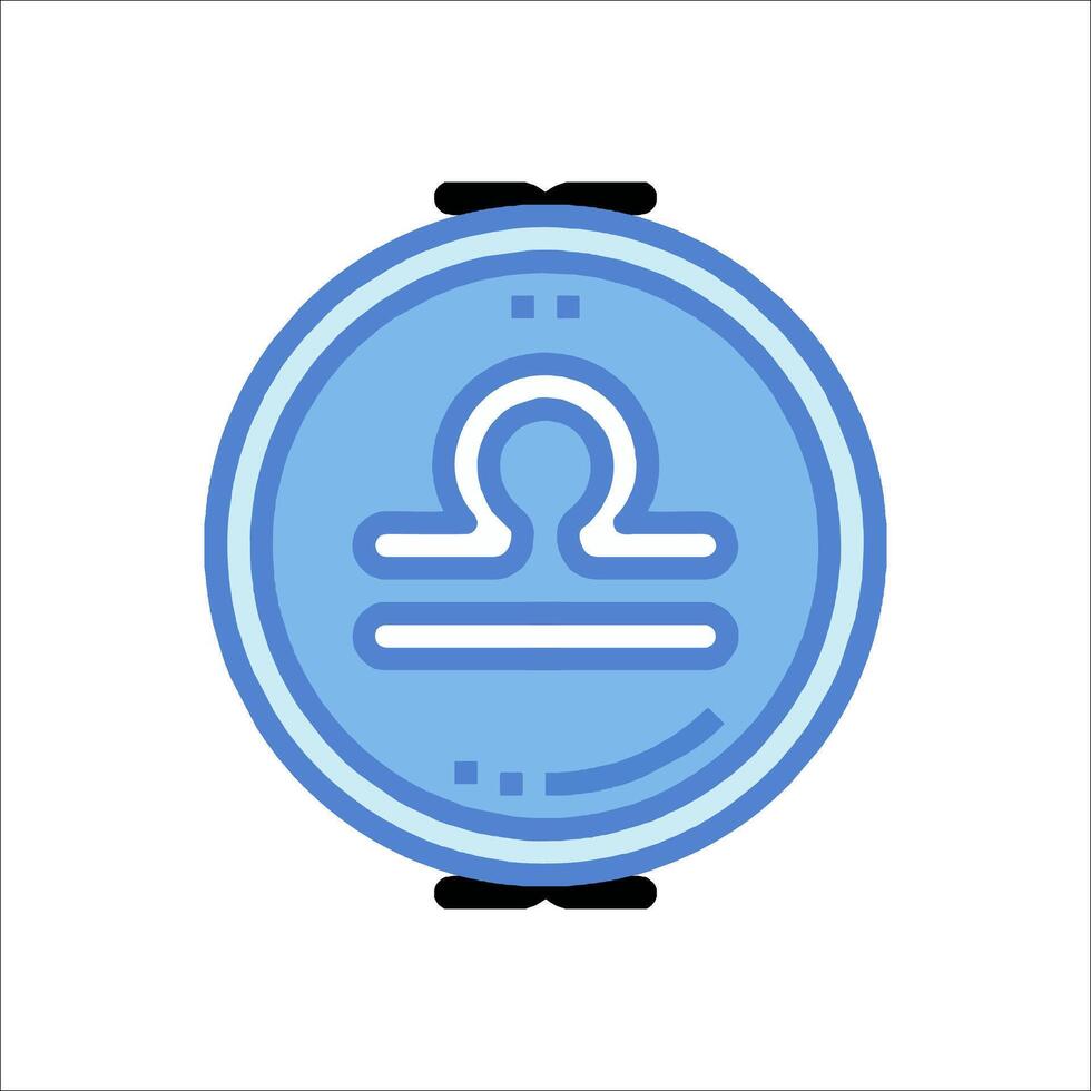 A blue and white icon with a sign on it vector