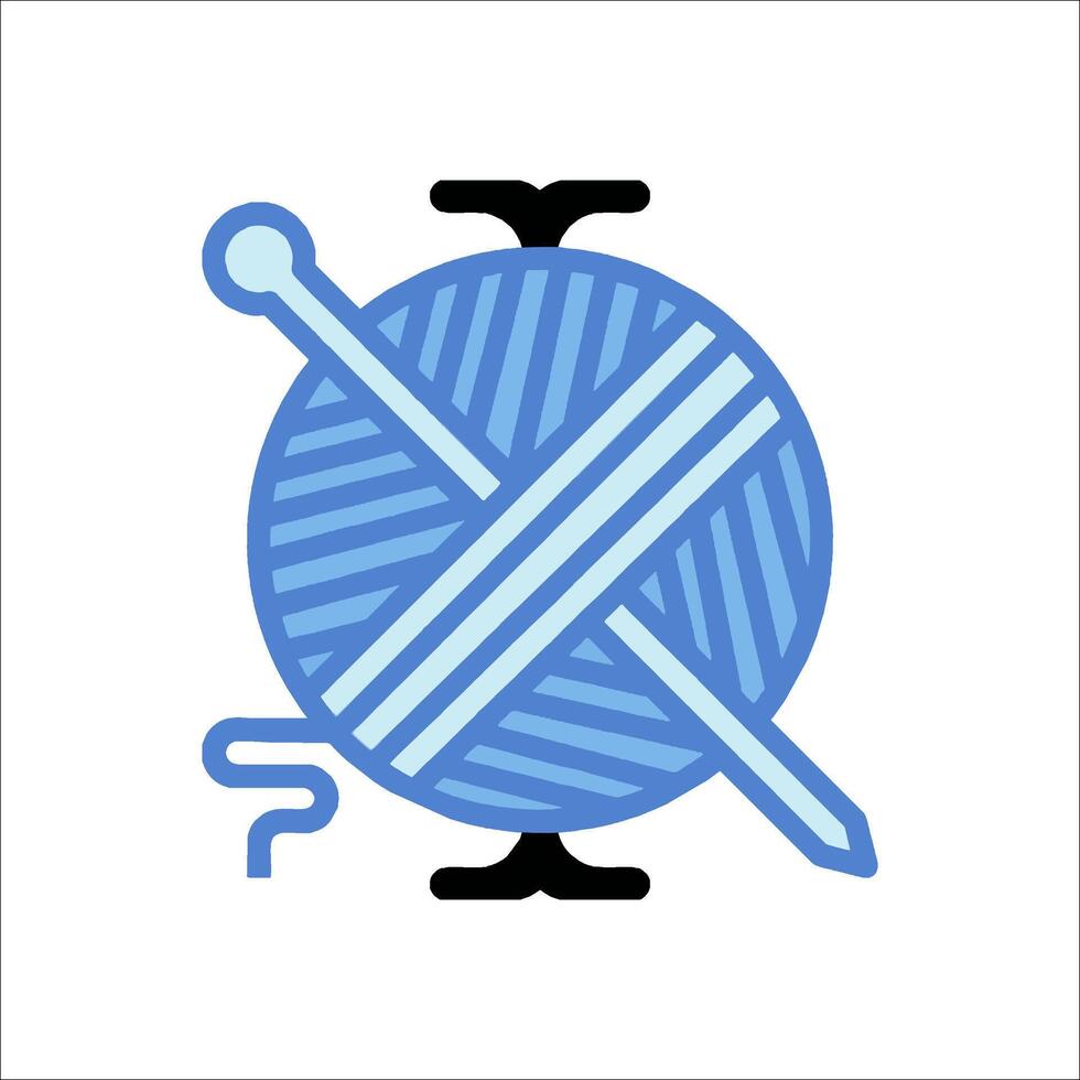 A blue and white logo with a ball of yarn and a pair of knitting needles vector