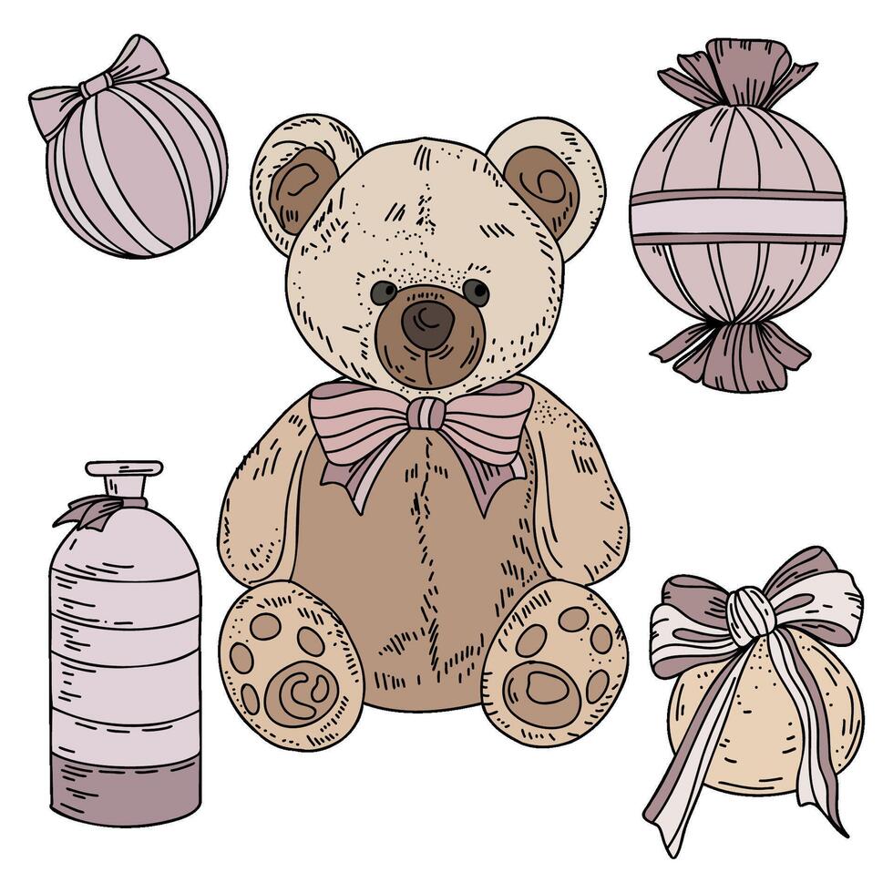 illustration of a vintage teddy bear. A cute teddy bear with toys is sitting on a white background. vector