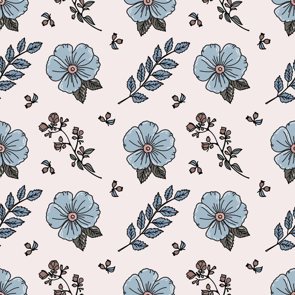 A pattern of small leaves and pastel flowers on a delicate background. vector