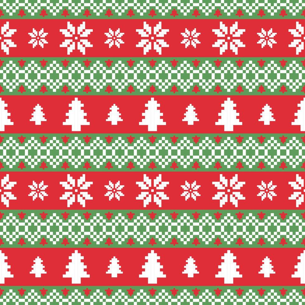 Seamless Christmas Pixel Pattern with Snowflake and Christmas tree.Design Ideal for Holiday Wrapping Paper, Sweaters, Fabric, Home Decor, Crafts, and Digital Projects with a Cozy Retro Style. vector