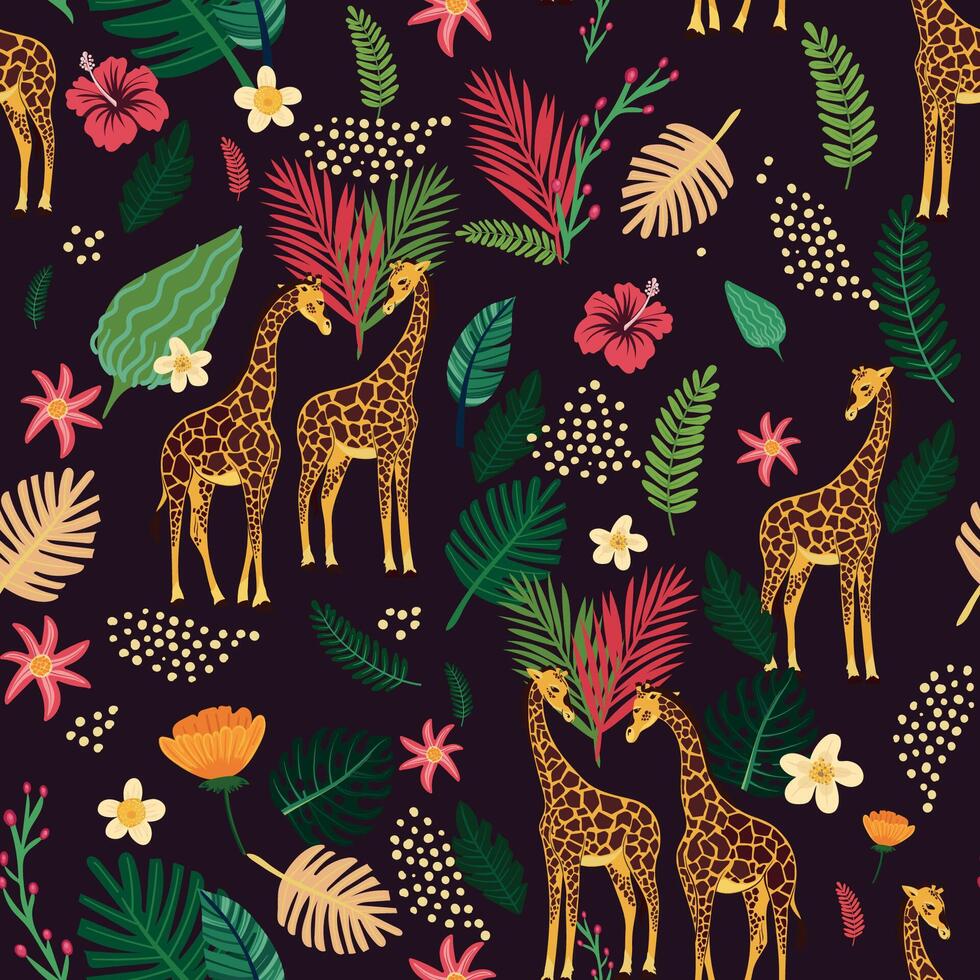 A seamless tropical pattern featuring giraffes and exotic leaves on dark background. Perfect for summer-themed designs. vector