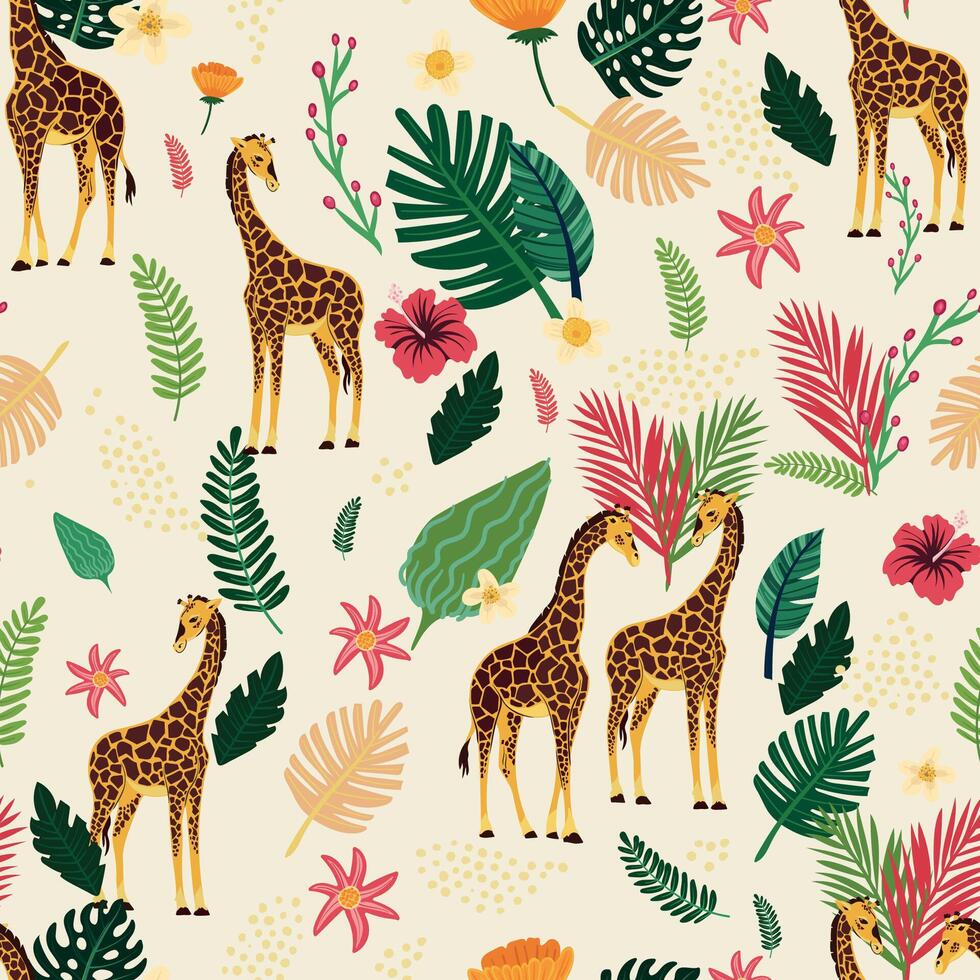 A seamless tropical pattern featuring giraffes and exotic leaves on beige background. Perfect for summer-themed designs. vector