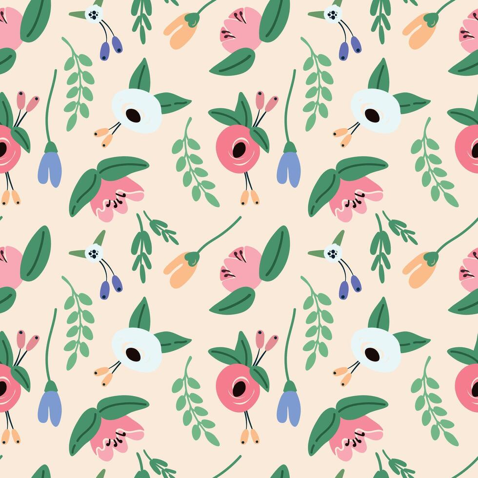 A romantic and elegant floral pattern featuring hand-drawn flowers on a beige background vector