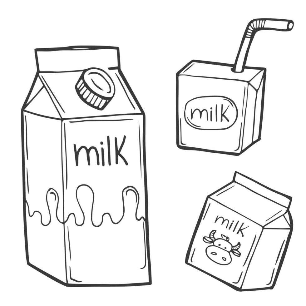 Doodle milk packages set. Carton milk and milk gallon hand drawn illustration sketch vector
