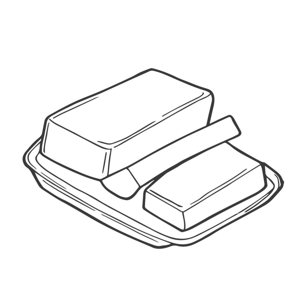 hand drawn illustration of sliced butter isolated on white. Sketch of natural dairy product in engraving style. vector