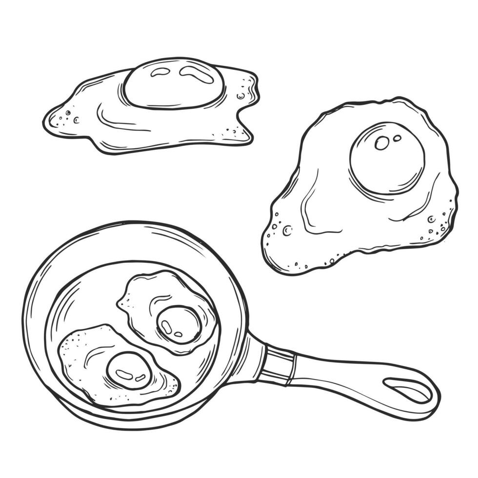 Pan fried egg outline sketch in . Hand drawn graphic illustration vector