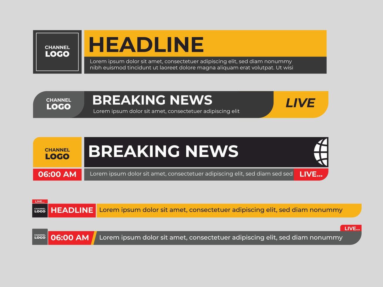 Modern News lower third design, headline, breaking news, news scroll, live news broadcast yellow and black vector