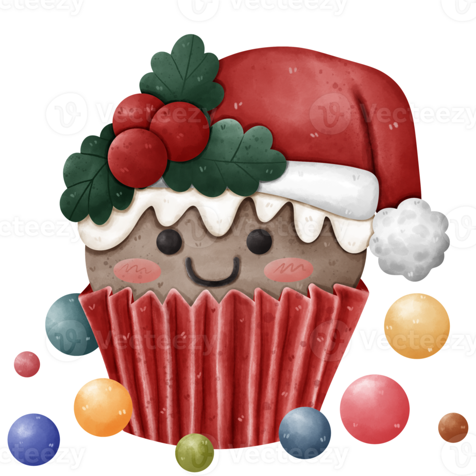Adorable Christmas themed cupcakes with smiling faces. Decorate with holly leaves and berries on top. He wore a red Santa hat trimmed with white fur. and surrounded by colorful ornaments and sparkles. png