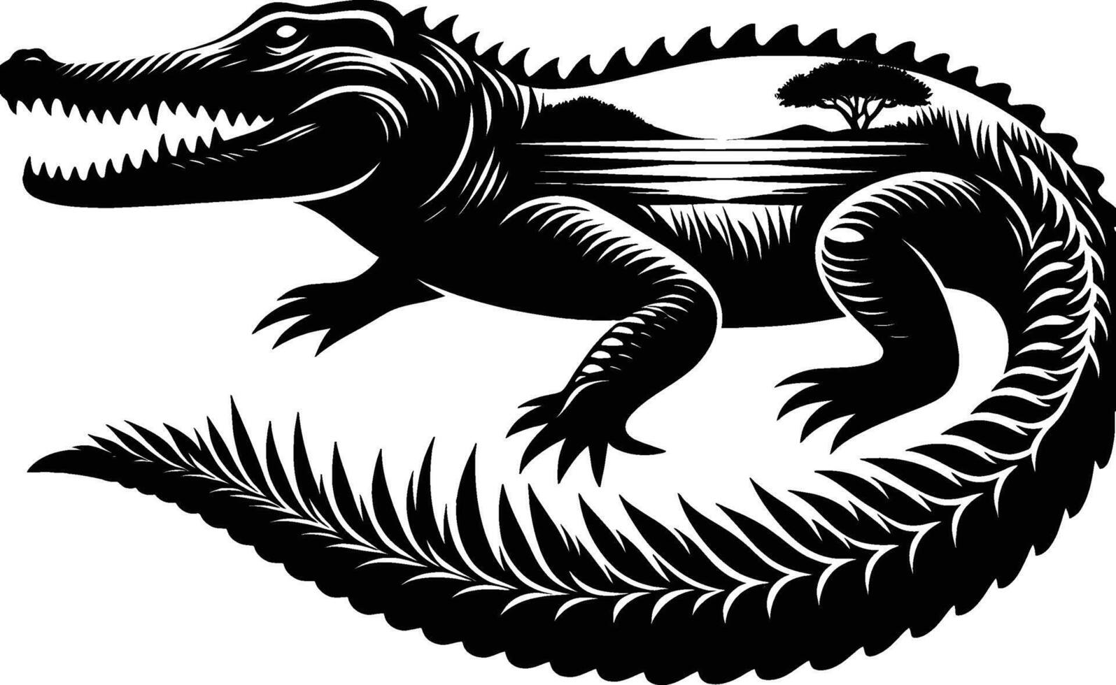 Wild Crocodile Silhouette with Defined Scales on White vector