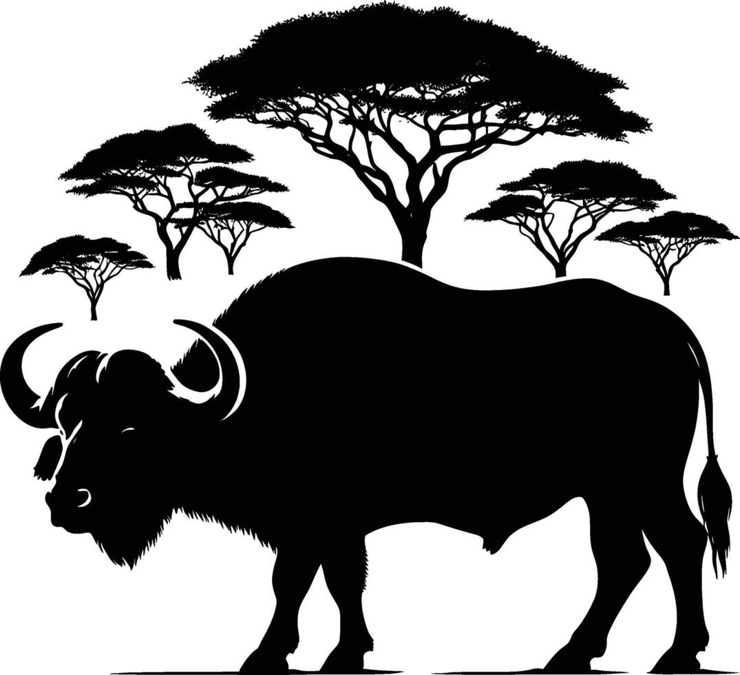African Buffalo Silhouette with Tail Raised on White vector