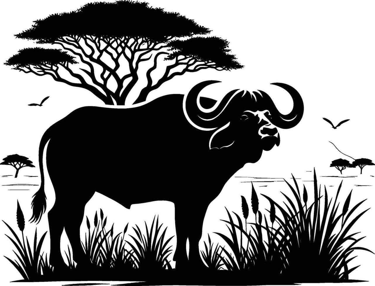 African Buffalo With Tree Silhouette on Crisp White Background vector