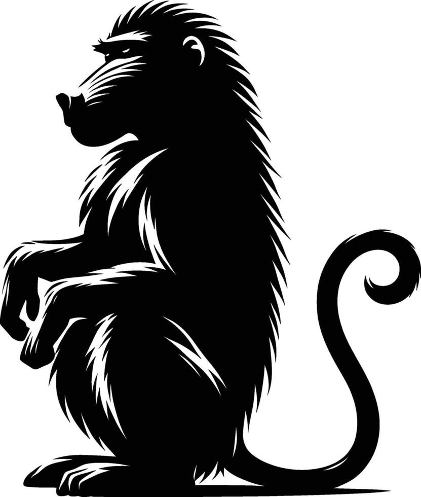Wild Baboon Silhouette in Side View on White Background vector