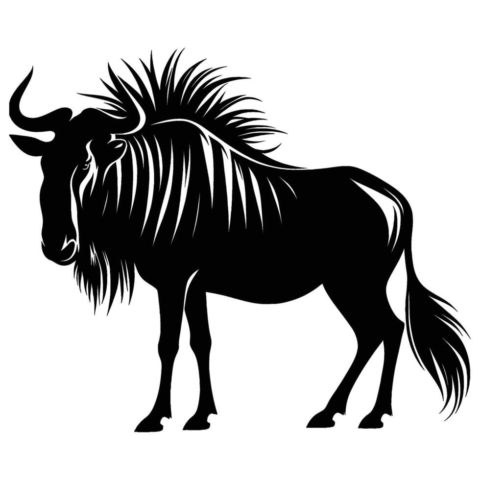 Distinct Wildebeest Silhouette in Natural Pose on White vector