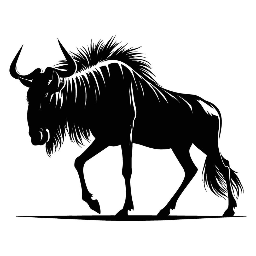 Detailed Wildebeest Silhouette Stance on White Background vector