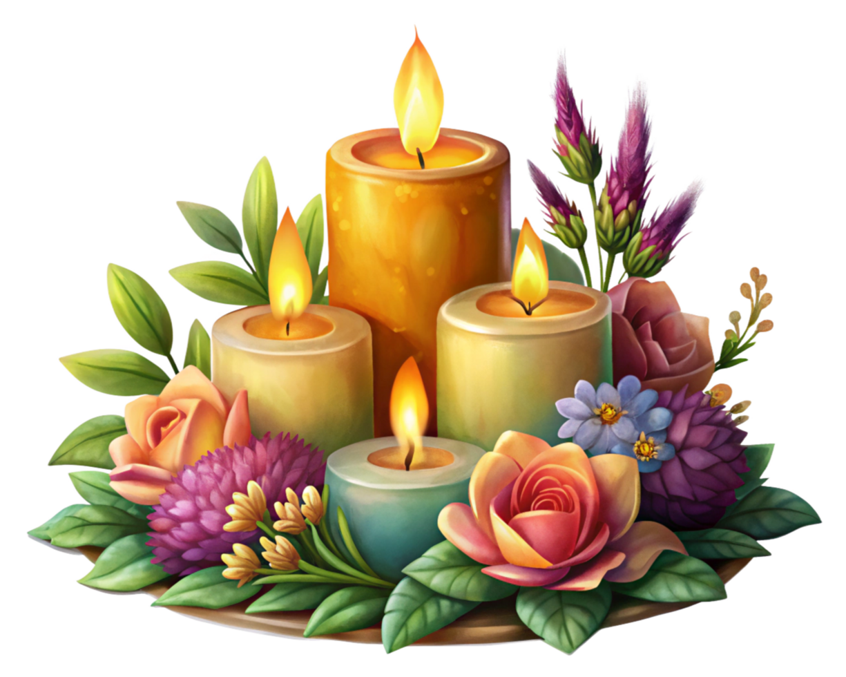 Romantic Candle Arrangement with Blooming Flowers png
