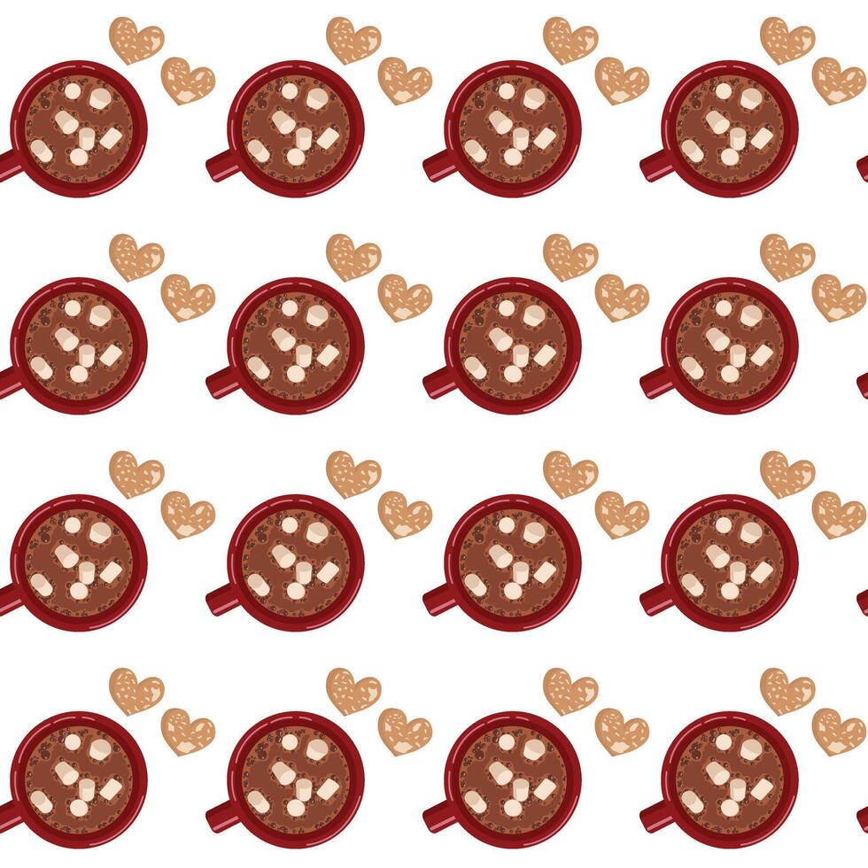 Red mug with cocoa and marshmallows, and two heart cookies next to it. Top view. Seamless pattern. vector