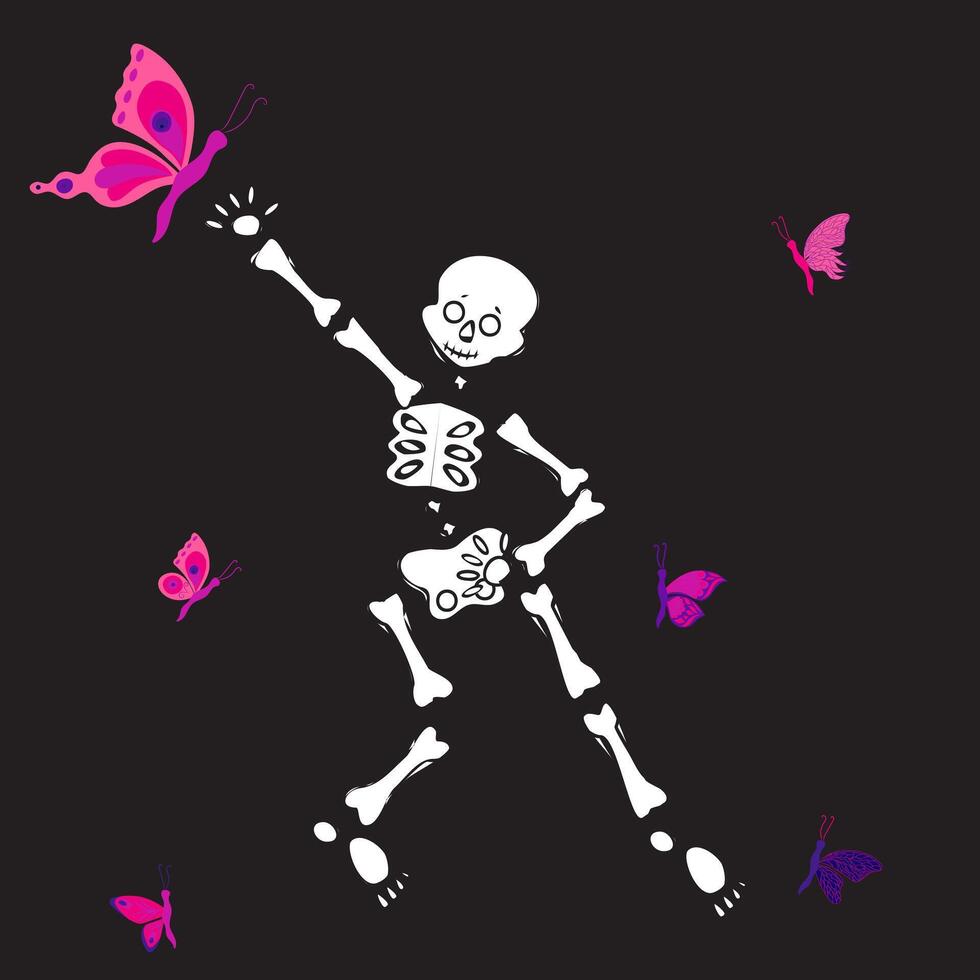 A cute skeleton dances and reaches out to a big butterfly. vector