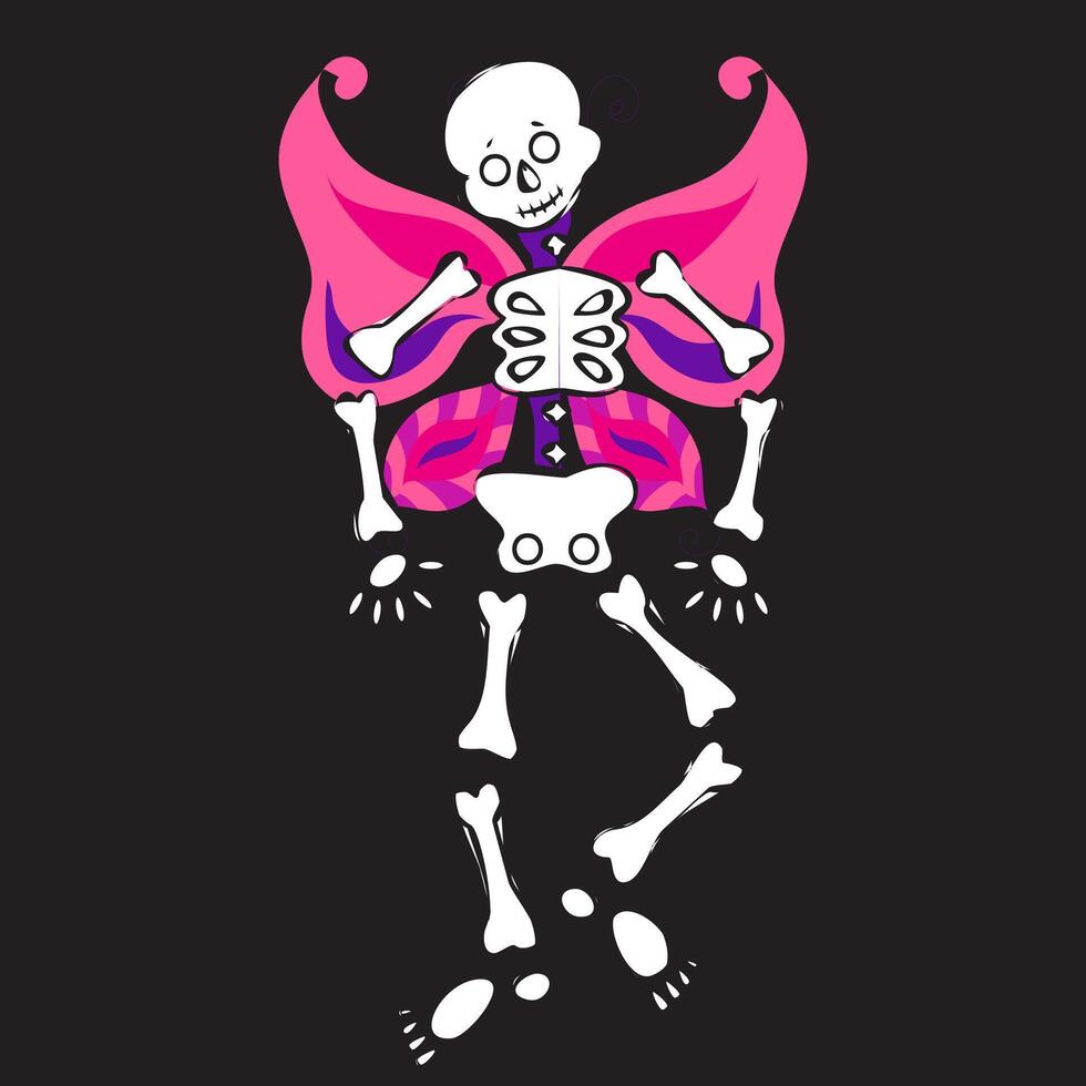 Skeleton with butterfly wings on a black background. illustration. vector