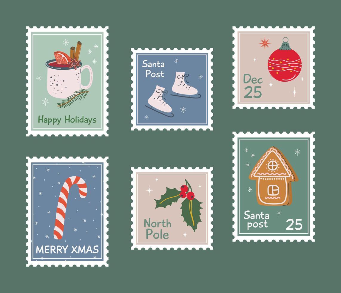 Set of cute Christmas postage stamps. Vintage xmas posters. Winter holidays prints for cards and textile. Hand drawn flat design illustration. vector