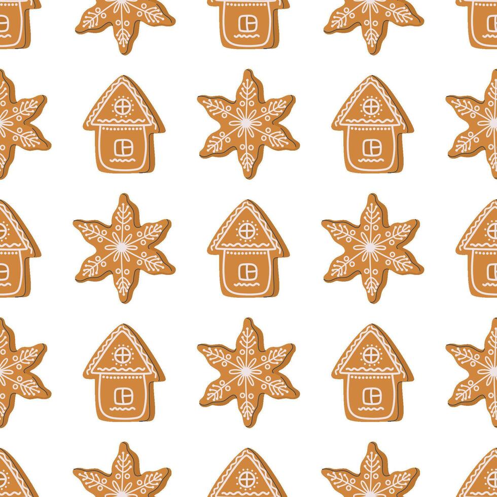 Happy Holidays seamless pattern. Gingerbread background with traditional Christmas cookies. Cute glazed pastry, snowflake and house shapes. Hand drawn flat design illustration. vector