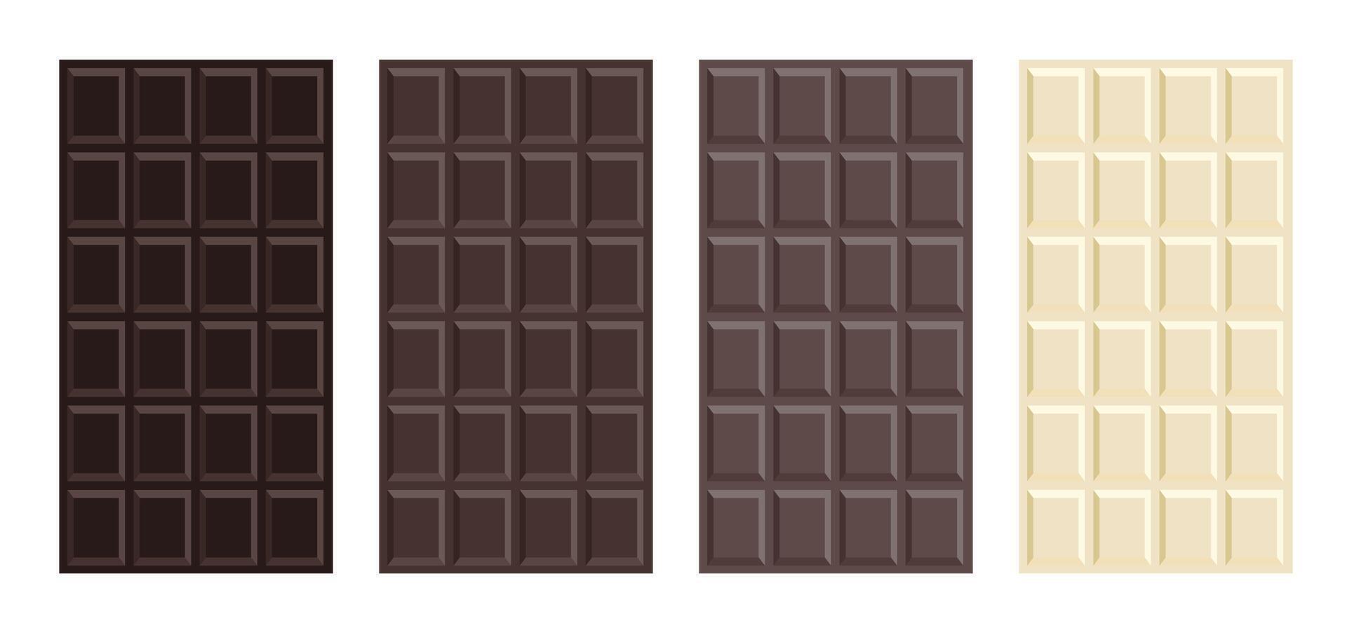 Dark, milk, white chocolate bar set. Tiles of different chocolate isolated on white background. Flat design vector